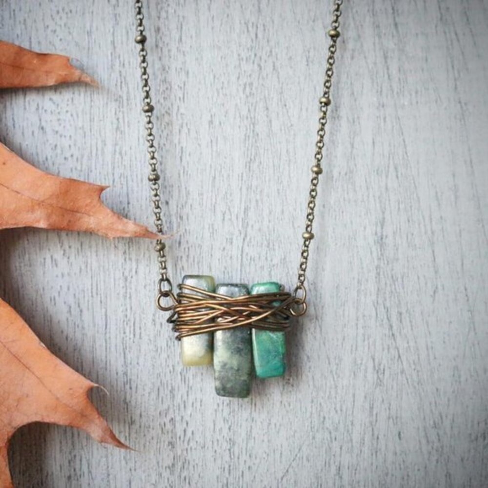 Wrapped Stone Necklace Handmade Brass